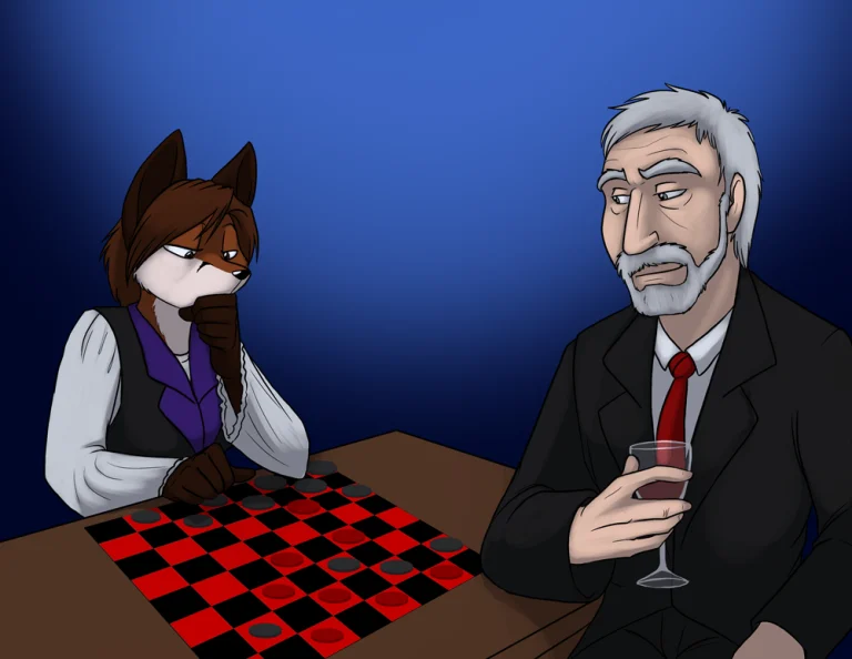 The Overlord in a checkers match up. — Art by Foxena
