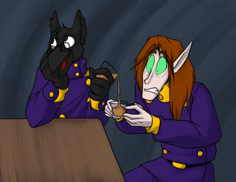 Hector making sure no precious liquor goes wasted. — Art by Foxena