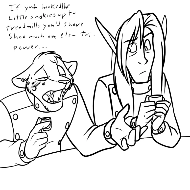 Drunk talks with Hector. — Art by Foxena