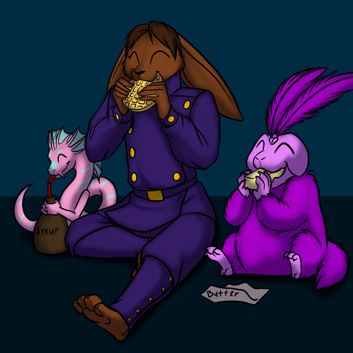 Lexi taking a meal break with some critters from Alvarni. — Art by Foxena