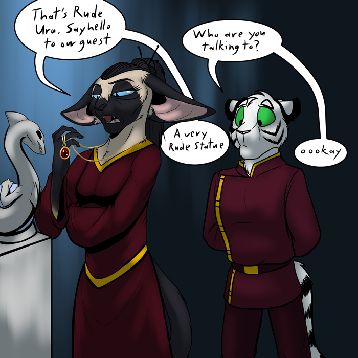 Back in Governor Rex's reign, a younger Tigermark interrupts a private chat. — Art by Foxena