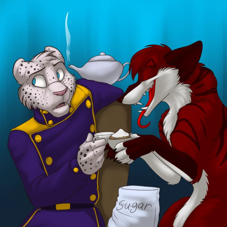 Tea time with Bane. — Art by Foxena
