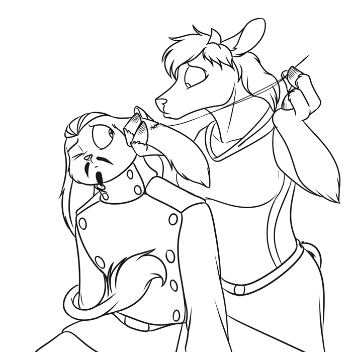 Patching up Xander. — Art by Foxena