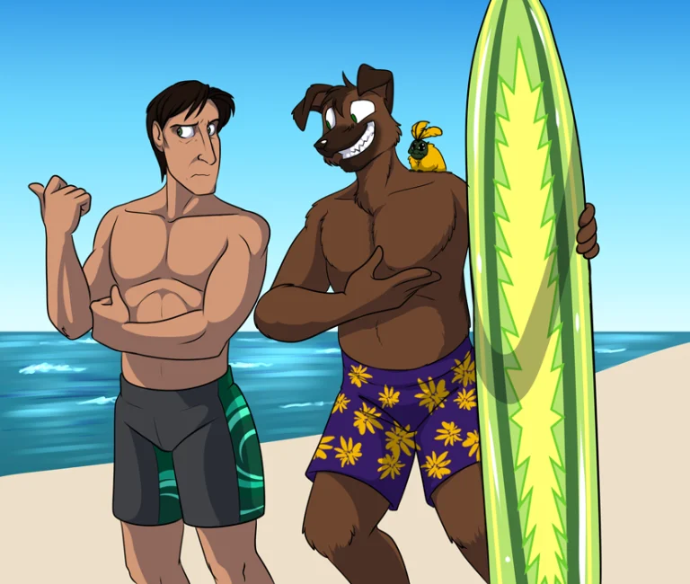 Mal and Pete on the beach. — Art by Foxena