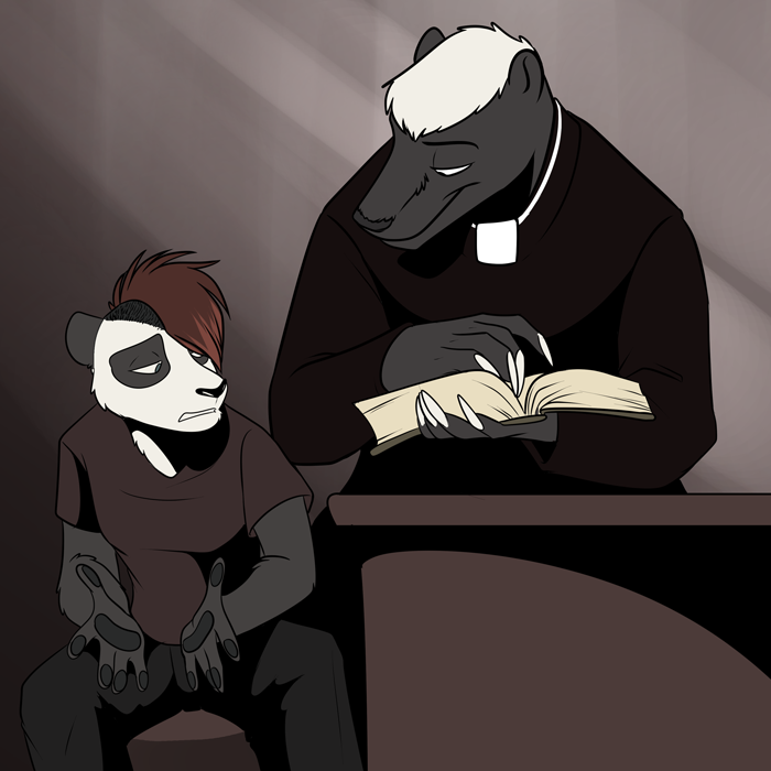 Receiving advice from Father Mella. — Art by Foxena