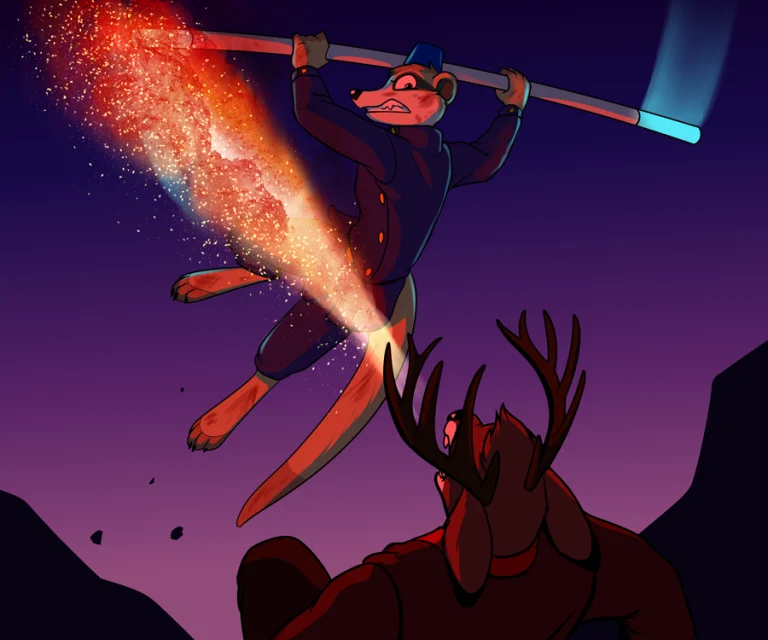 Fundi about to deliver a final blow to a fire demon. — Art by Foxena