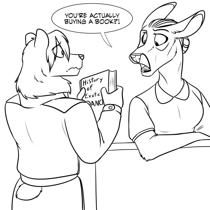 Idra caught by surprise in her bookshop. — Art by Foxena