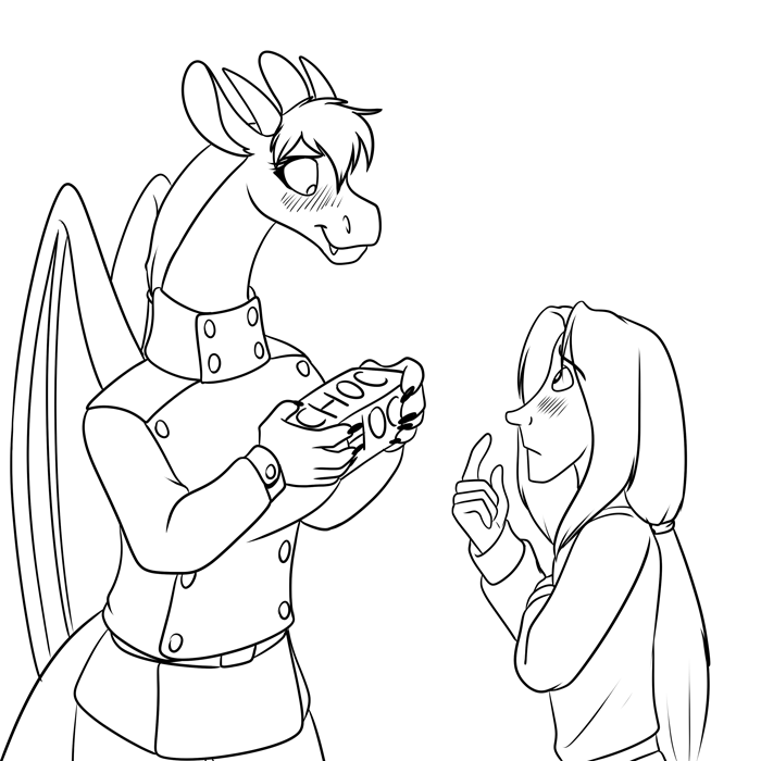 An enamored Freya delivering chocolates to Cinnibar. — Art by Foxena