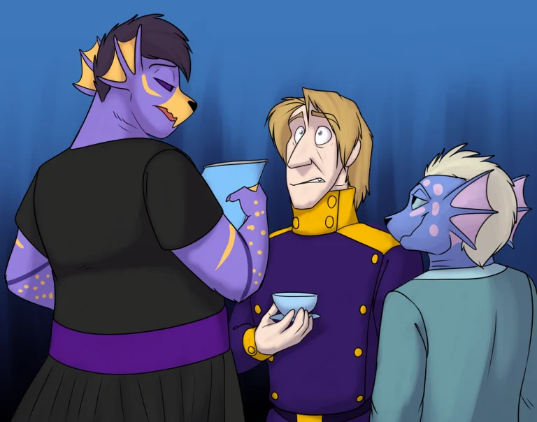 "So we'd like to pitch the idea of a lair-wide toga party." — Art by Foxena