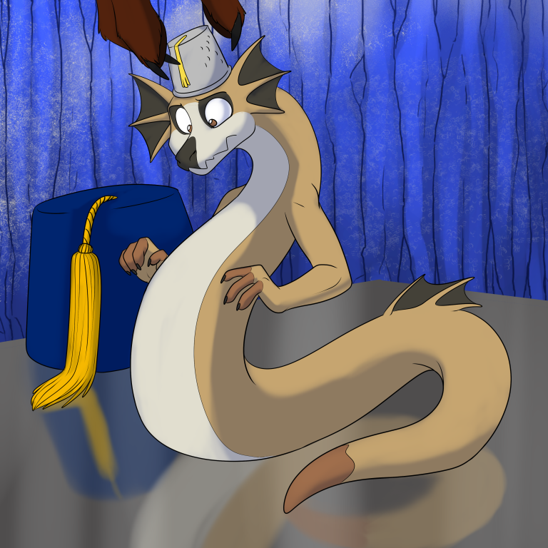 Fundi transformed into a snakerat, but given a suitable fez replacement by Fox. — Art by Foxena