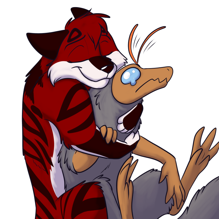 Bane snugging a small dolphoria. — Art by Foxena