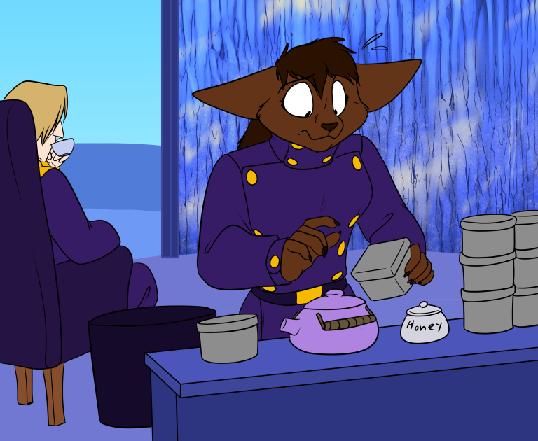 Lexi preparing tea for Darius. — Art by Foxena