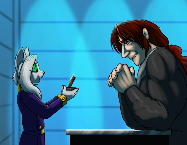 Tungsten offering Artemis a trophy from the previous regime. — Art by Foxena