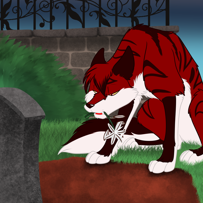 Bane visiting Paria's grave. — Art by Foxena