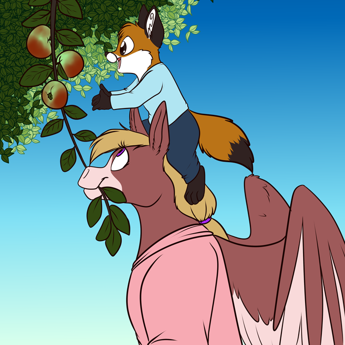 Rain assists in apple picking. — Art by Foxena